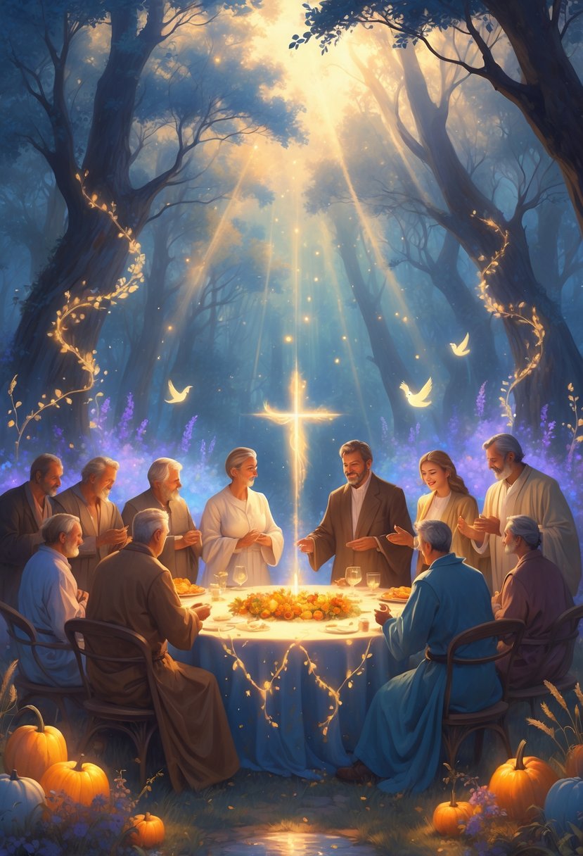 A group of adults gathered around a glowing table in a magical forest at night, sharing moments of connection and gratitude.