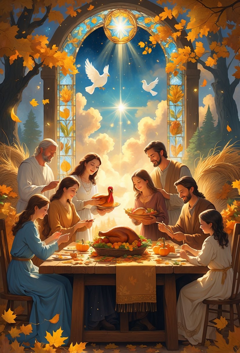 A family gathered around a table making Thanksgiving crafts inspired by biblical themes, surrounded by glowing light and autumn decorations in a peaceful, natural setting.