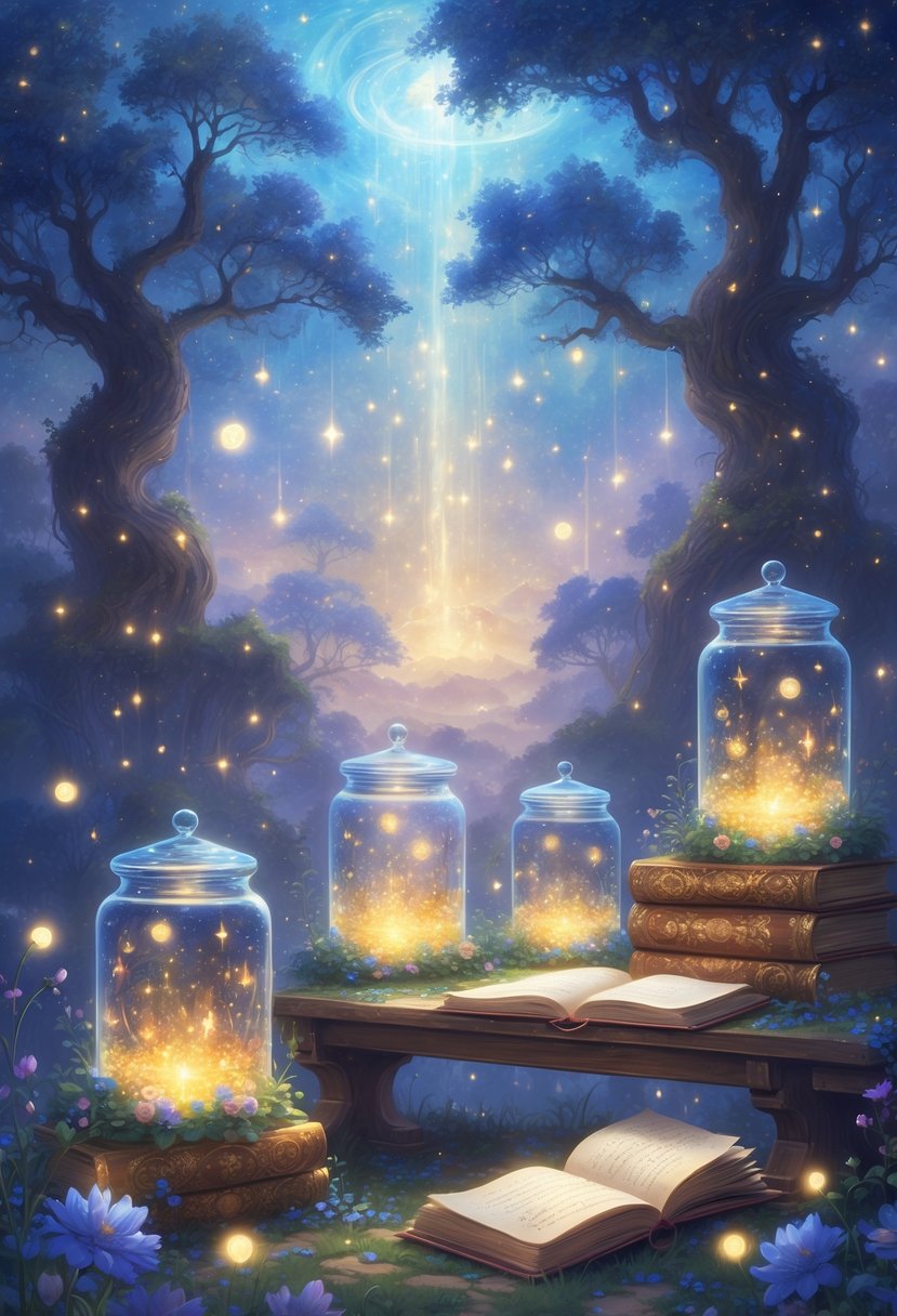 A peaceful scene with glowing jars and open journals on a wooden table surrounded by flowers under a starry sky with tall trees in the background.