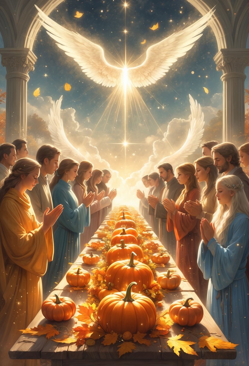 A group of people gathered around a long table filled with autumn harvest foods, praying together under a starry sky with glowing light and mist surrounding them.
