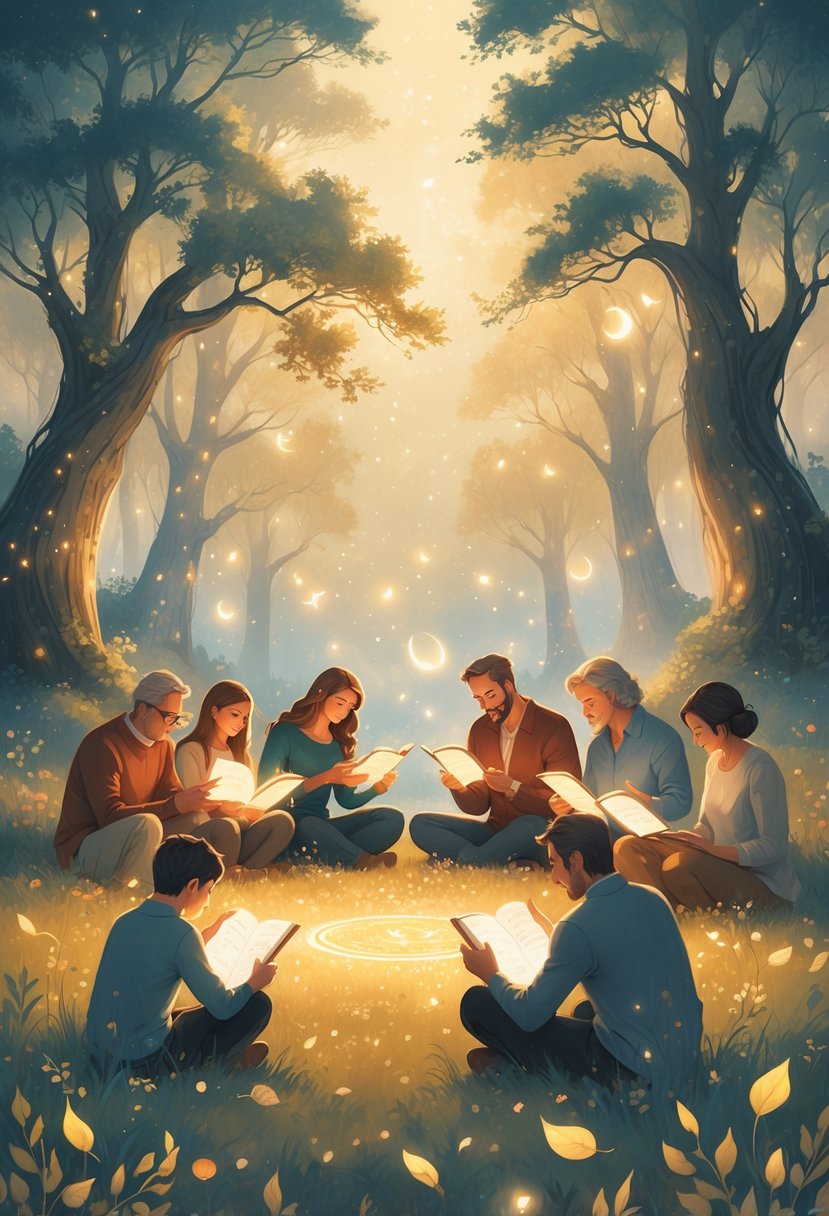 A family gathered in a glowing forest clearing at night, writing in journals and sharing moments of thankfulness under a starry sky.