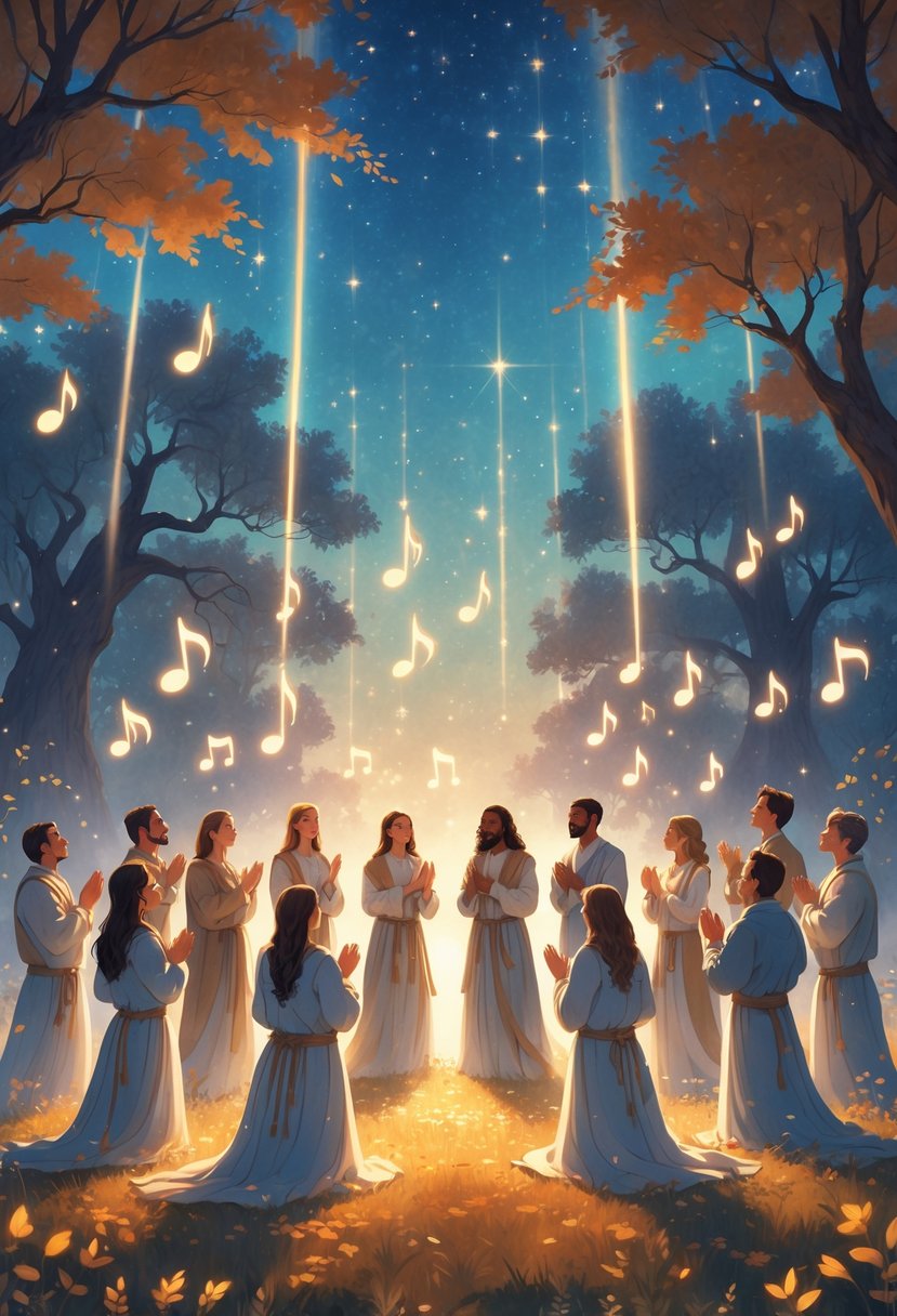 A group of people gathered in a glowing forest clearing at twilight, singing and praying together surrounded by floating autumn leaves and soft light.