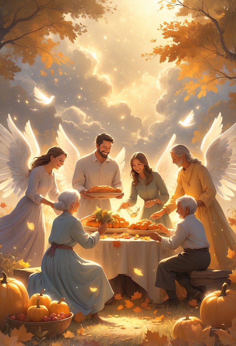 A family happily serving others during Thanksgiving in a glowing, magical setting with warm light and floating autumn leaves.