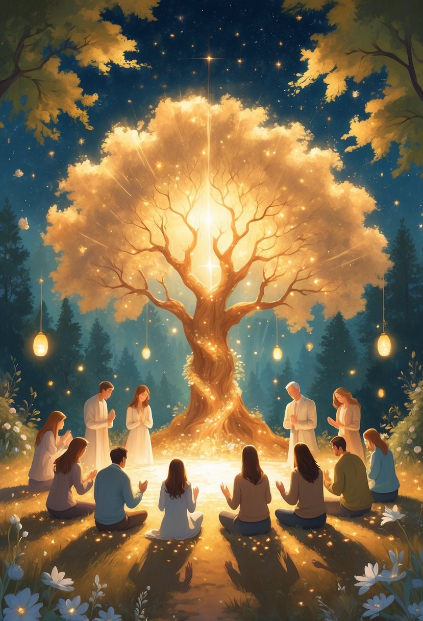 A group of people gathered around a glowing tree in a forest clearing, praying together under a starry sky.