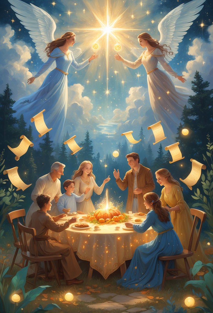 A family gathered around a glowing table enjoying Thanksgiving activities under a starry sky with angelic figures watching over them.