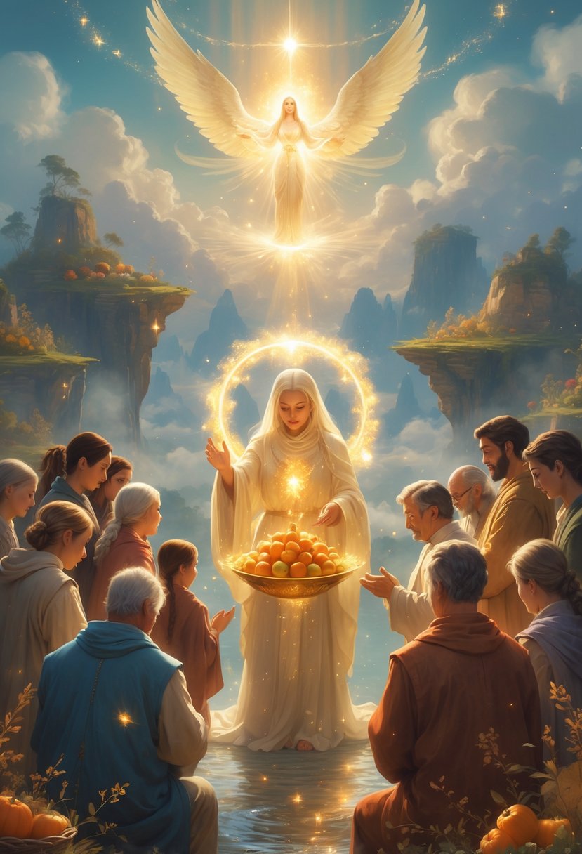 A glowing figure offers a bowl of fruit to a group of prayerful people in a magical landscape with floating islands and waterfalls, surrounded by gentle light and celestial beings.