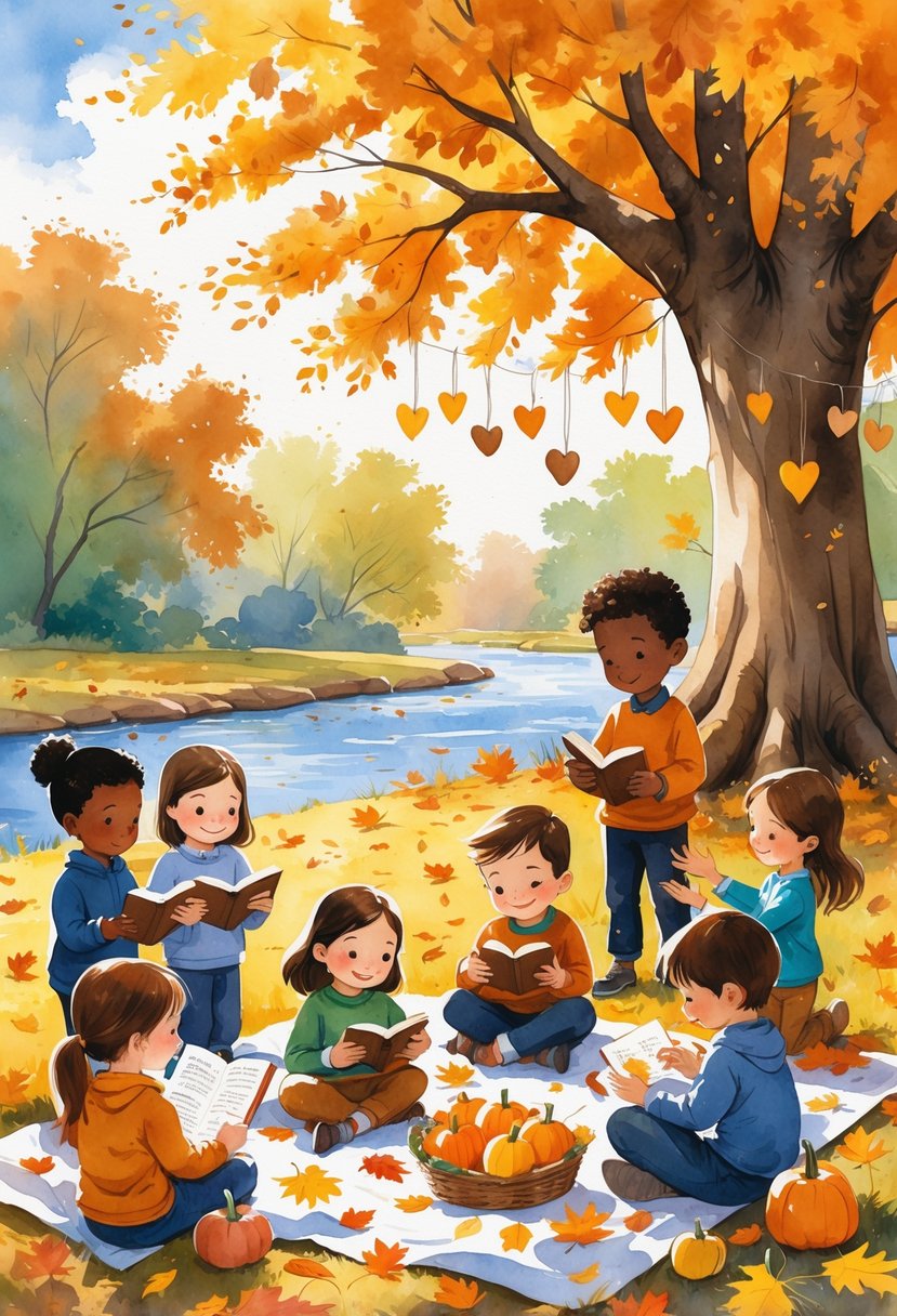 Children outdoors on an autumn day, reading Bible storybooks, making crafts with leaves and acorns, and sharing a Thanksgiving meal together near a tree and a stream.