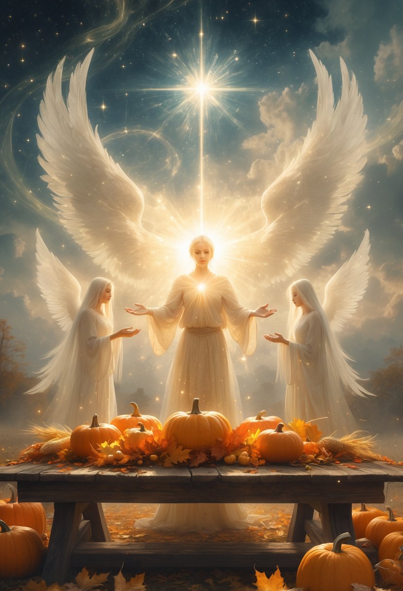A glowing figure extends hands over a table filled with autumn harvest items, surrounded by translucent spirits under a starry sky.