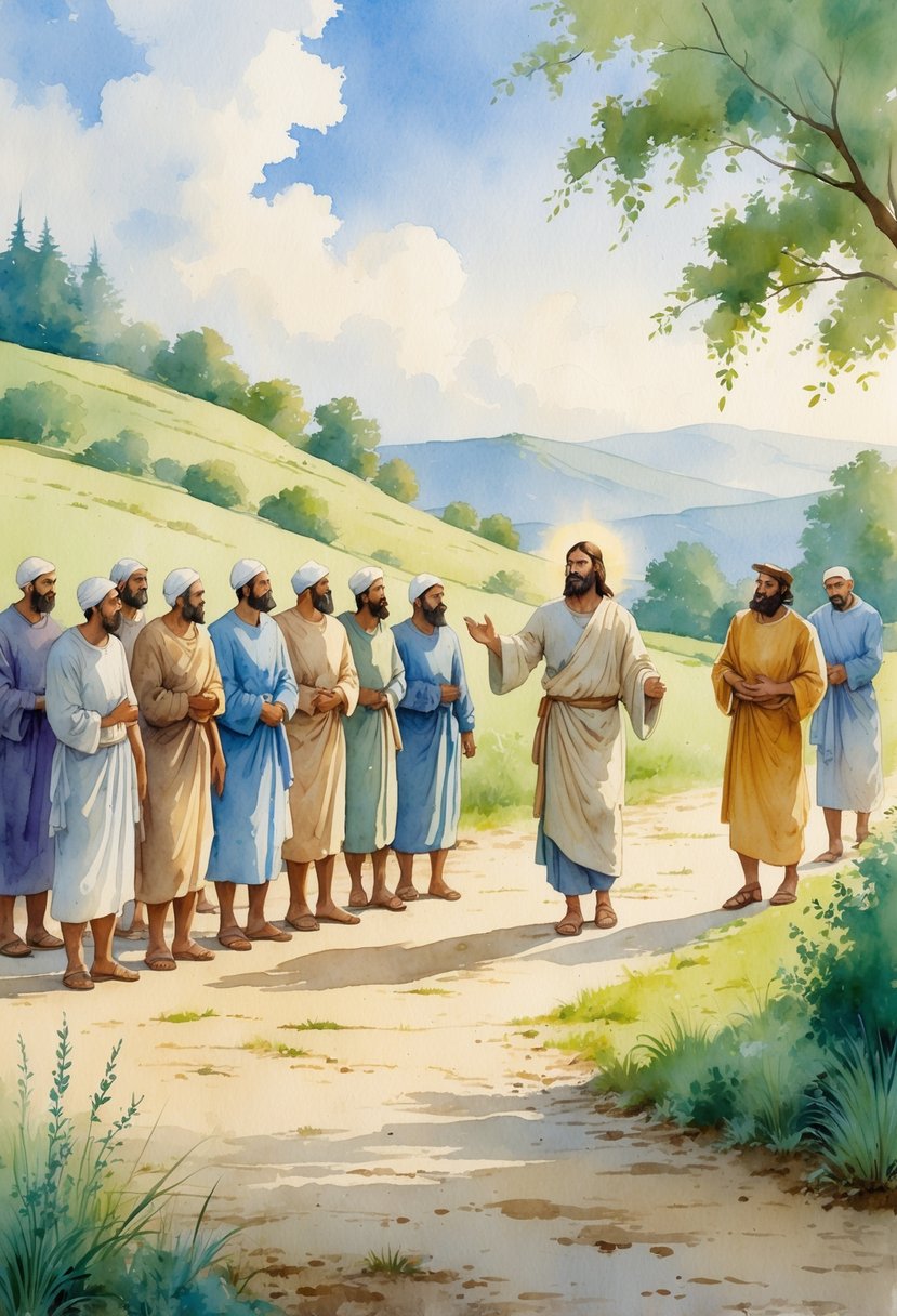Jesus healing ten lepers on a countryside path, with one leper turning back to thank him.