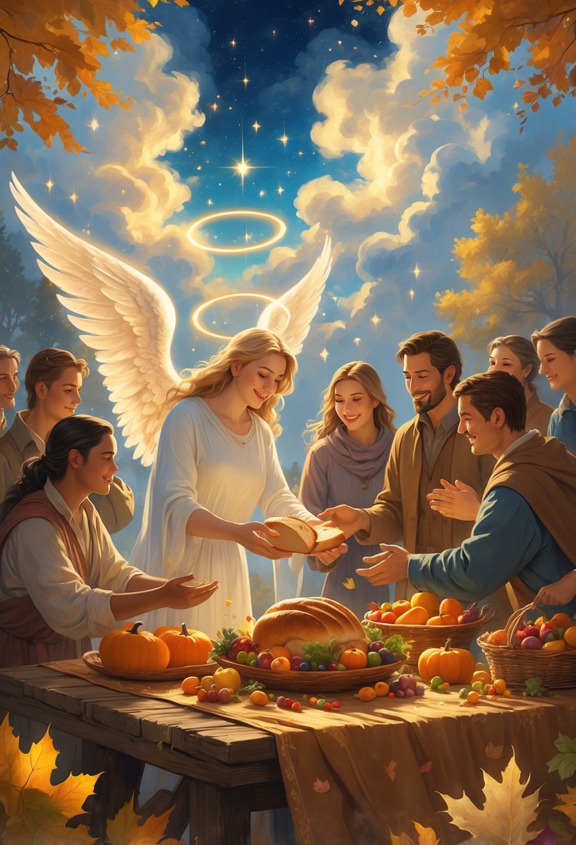 A glowing angel offers bread to a group of people gathered around a table with harvest foods, set in a peaceful forest with autumn leaves and a bright, starry sky.