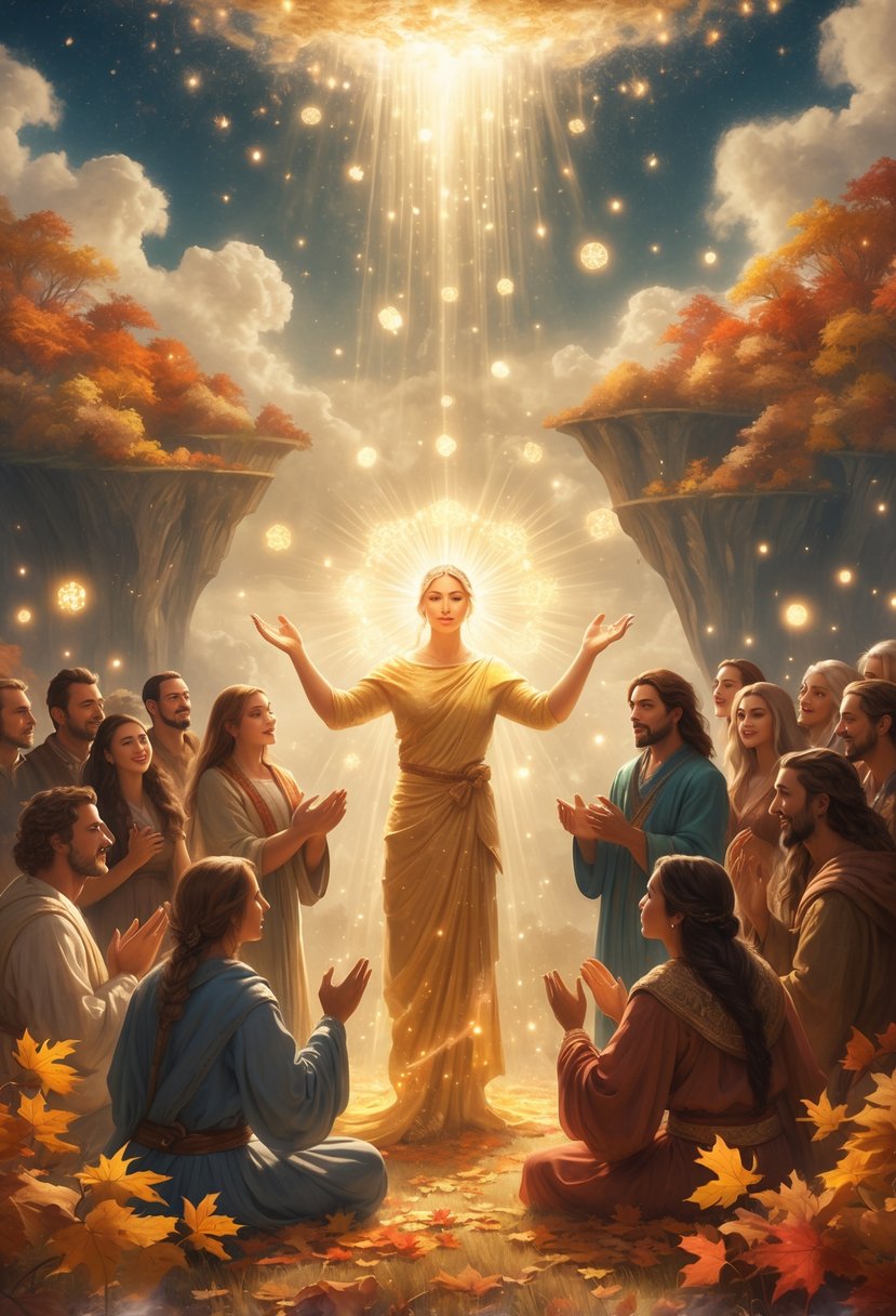 A glowing figure surrounded by people and mythical beings sharing moments of thankfulness in a magical, starry sky with floating islands and autumn leaves.
