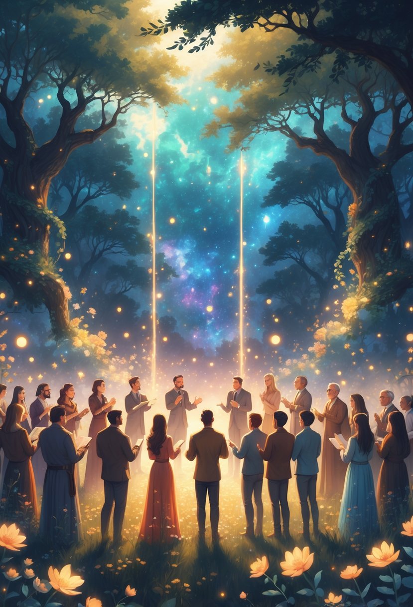 A group of people singing together in a glowing forest clearing under a starry sky, surrounded by magical light and tall trees.