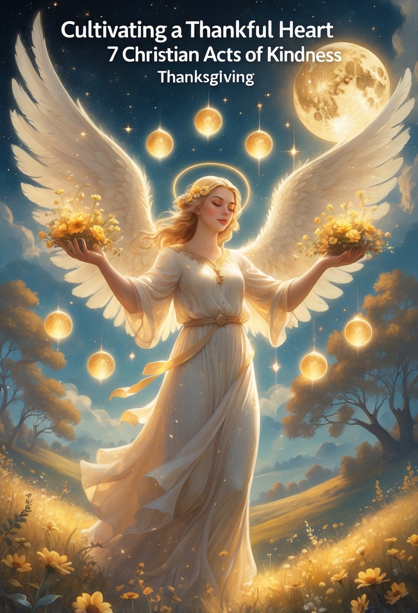 A glowing angelic figure surrounded by seven floating lights, standing in a magical landscape under a glowing harvest moon.