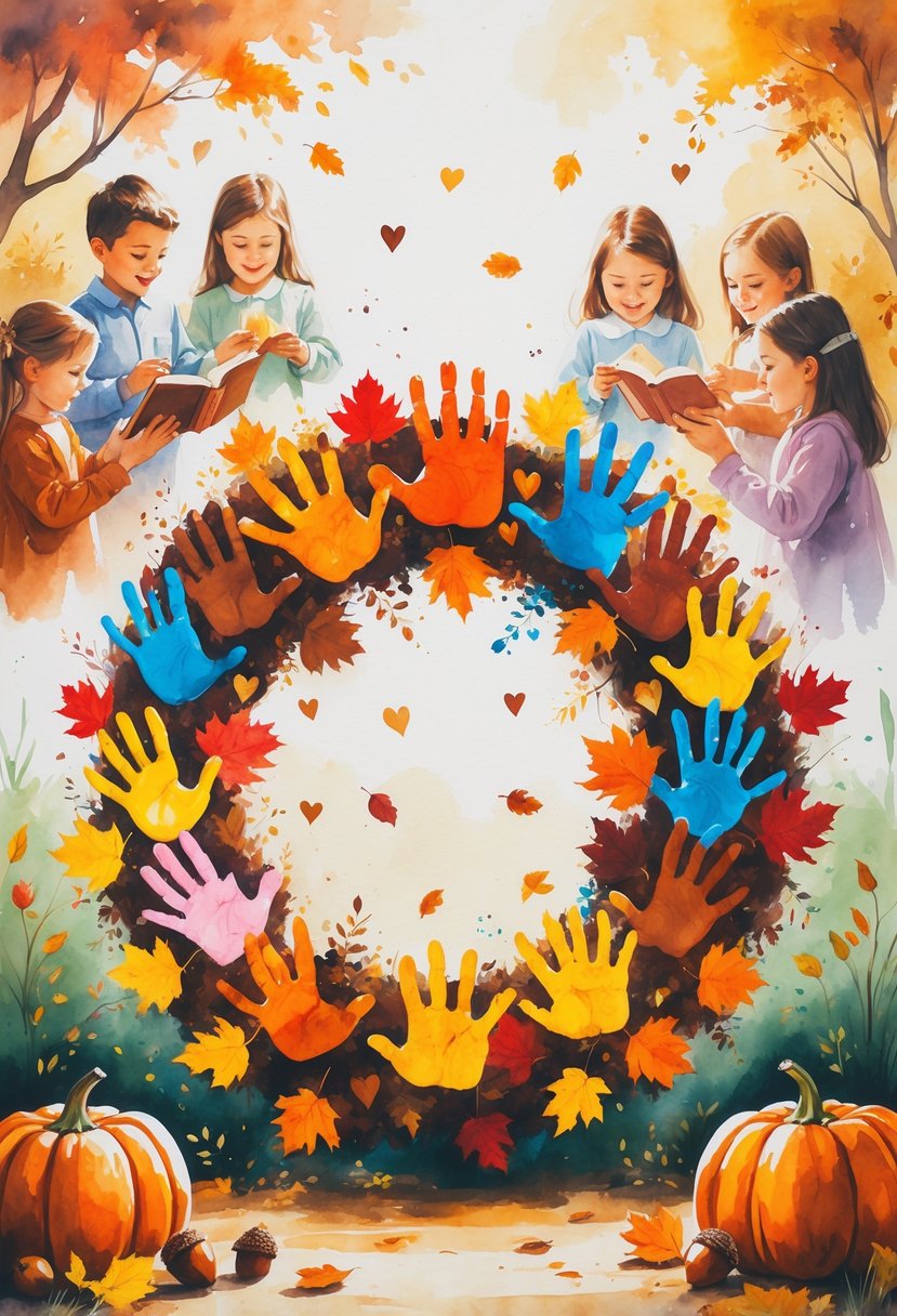 A colorful handprint wreath surrounded by autumn leaves, pumpkins, and children engaging in Thanksgiving activities.
