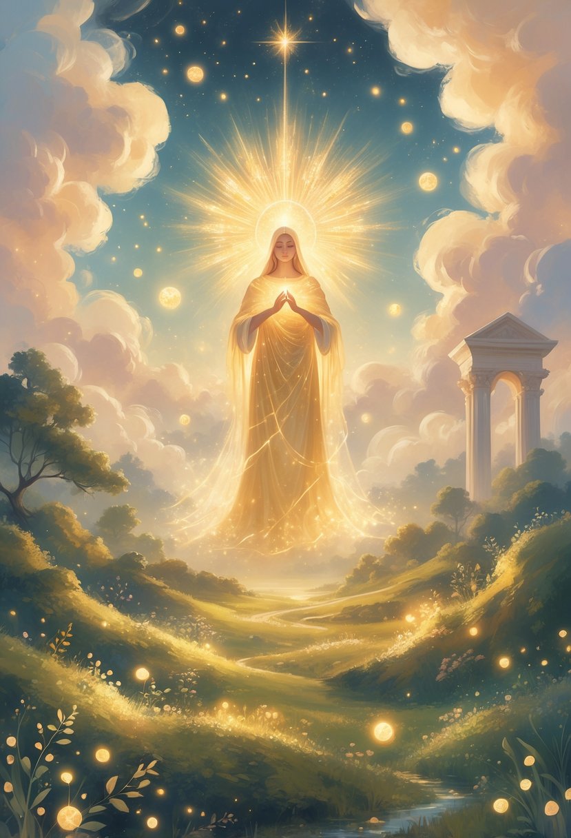 A glowing divine figure surrounded by floating lights in a peaceful, enchanted landscape under a starry sky.