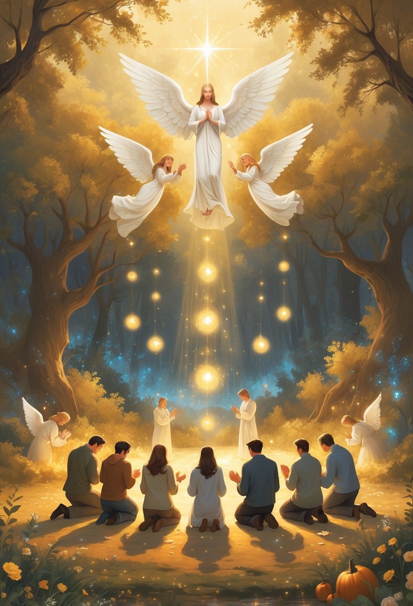 A group of people praying together in a glowing forest clearing with angelic figures above, surrounded by symbols of kindness like offering food and gentle embraces.