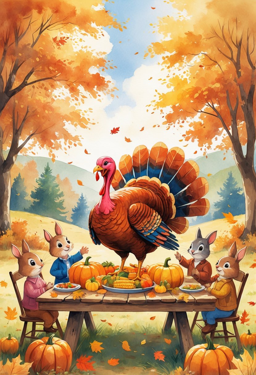 A joyful turkey stands at a table outdoors surrounded by children and animals sharing a festive autumn meal in a forest clearing.