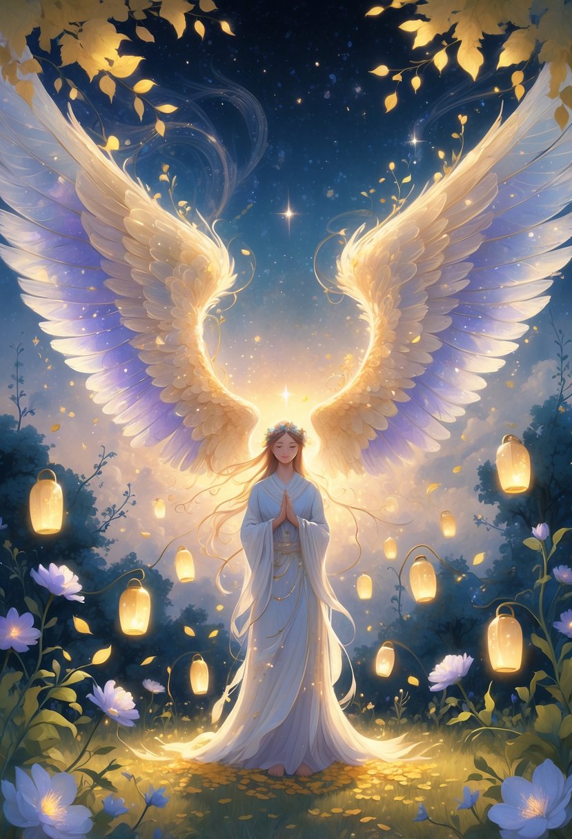 A peaceful figure stands in a glowing celestial garden with floating lanterns and golden leaves, surrounded by soft light and a starry sky.