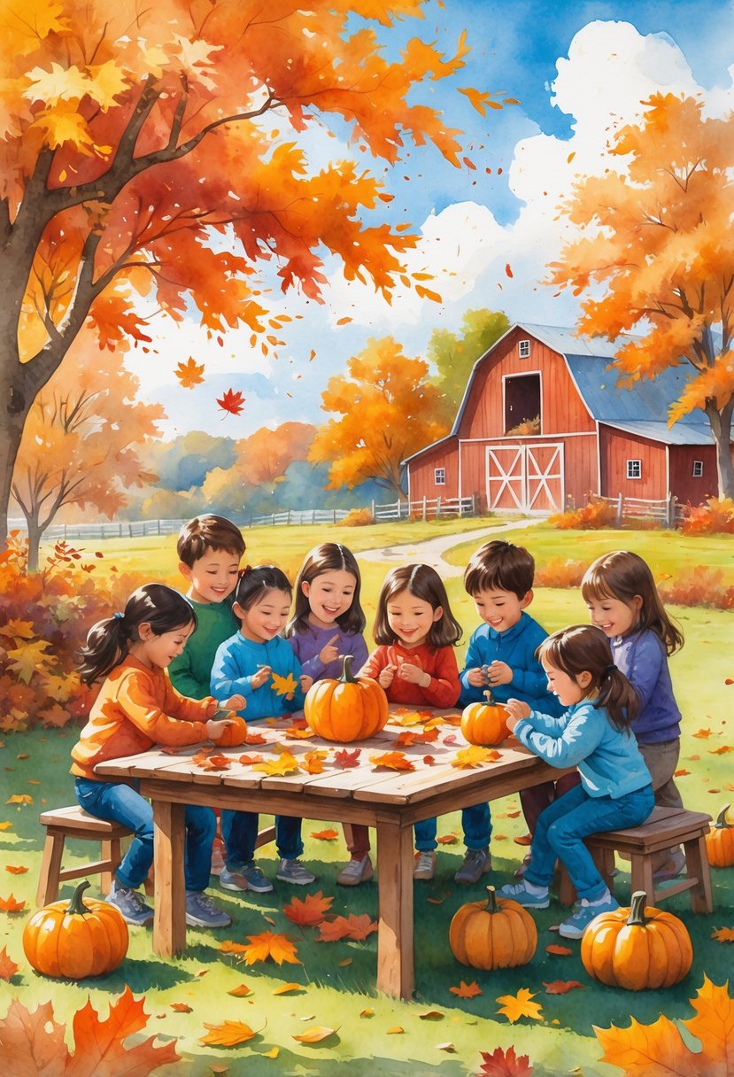 Children gathered outdoors around a table with autumn leaves and pumpkins, happily creating crafts together in a peaceful fall landscape.
