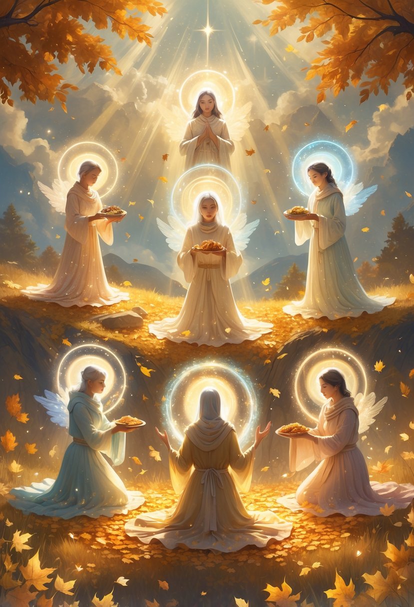 Seven glowing figures performing acts of kindness in a celestial autumn landscape with golden leaves and a starry sky.