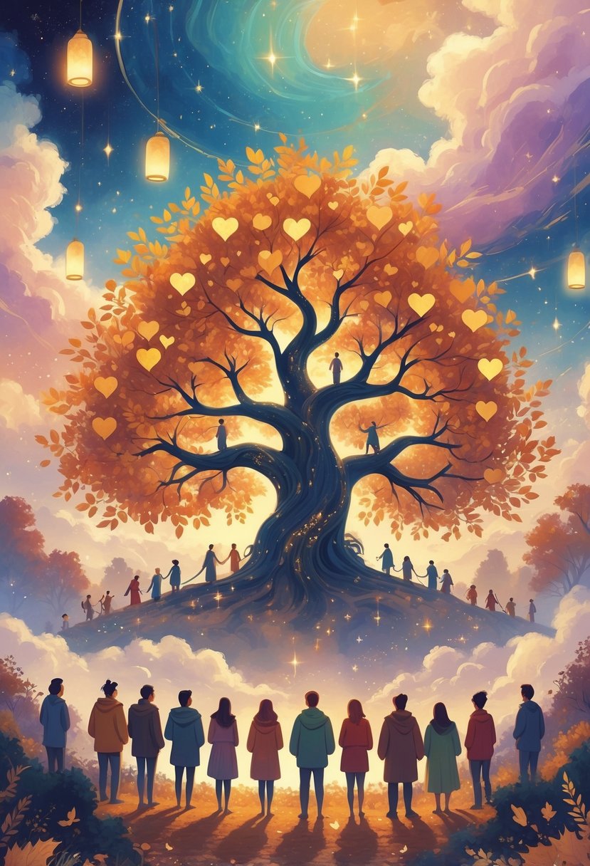 A magical scene showing nine people gathered around a large glowing tree with heart-shaped leaves, each branch illustrating different Thanksgiving traditions like sharing food, storytelling, and kindness, set under a glowing sky filled with stars and floating lanterns.