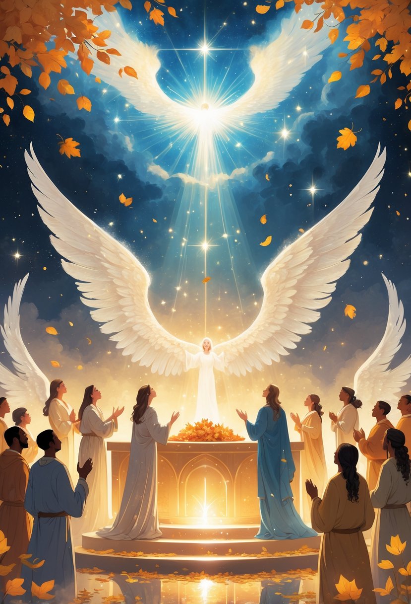 A group of people worshiping around a glowing altar surrounded by floating autumn leaves under a starry sky with beams of light and angelic wings.
