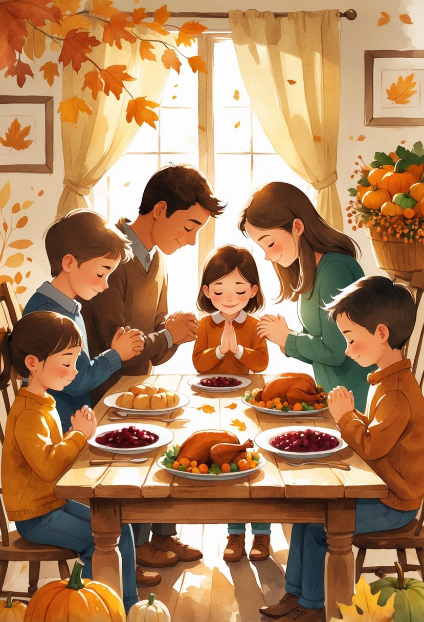 A family with children holding hands and bowing heads in prayer around a Thanksgiving dinner table decorated with pumpkins and autumn leaves.