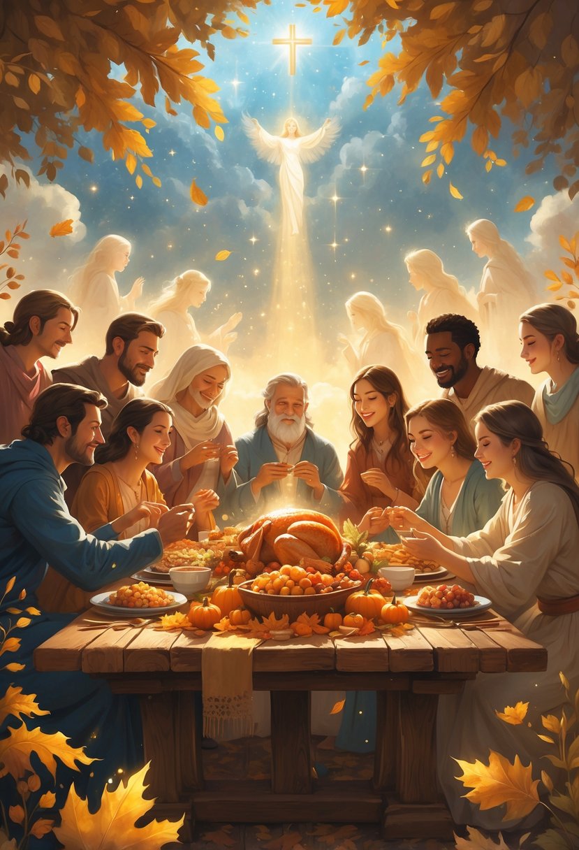 A group of people sharing a Thanksgiving meal around a large table, surrounded by glowing light and gentle magical elements, expressing kindness and gratitude.