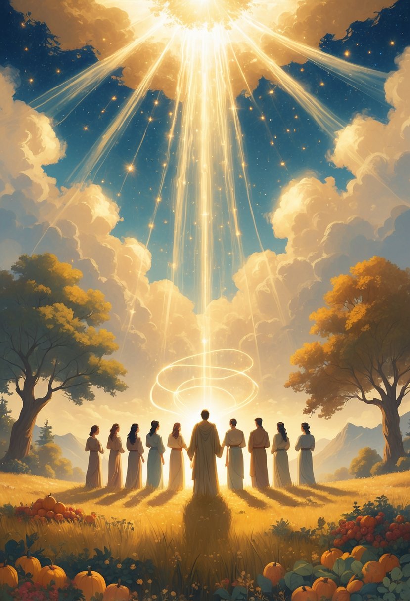 A glowing celestial light shines down on a group of peaceful people standing in a golden meadow filled with fruits and flowers, surrounded by trees and mountains under a starry sky.