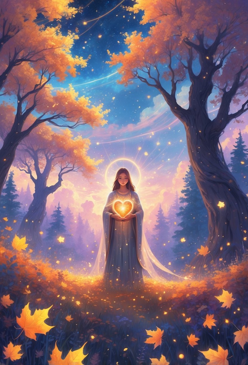 A glowing figure stands in a magical autumn forest holding a radiant heart-shaped light, surrounded by floating leaves and stars under a twilight sky.
