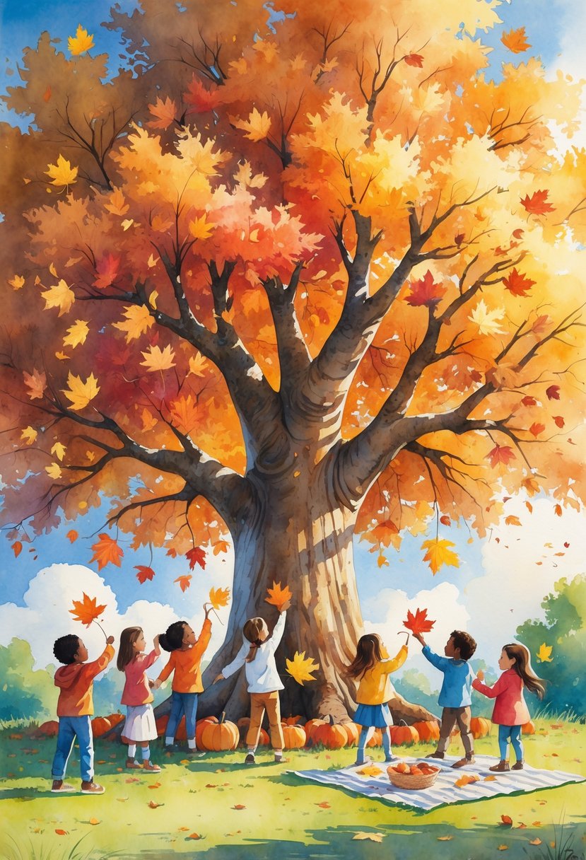 Children gathered around a large tree with colorful autumn leaves, making crafts and enjoying outdoor activities on a sunny day.