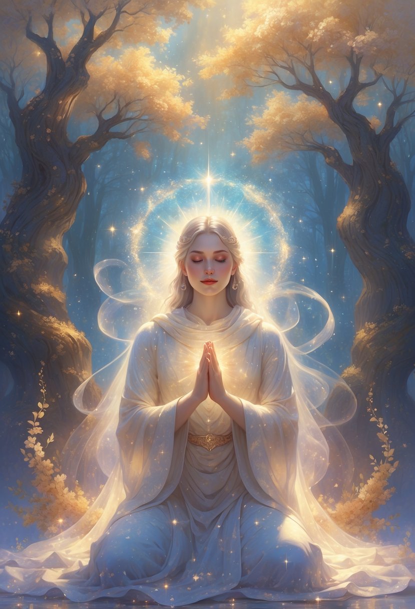 A person praying peacefully surrounded by glowing light and magical energy beneath tall trees with glowing leaves.