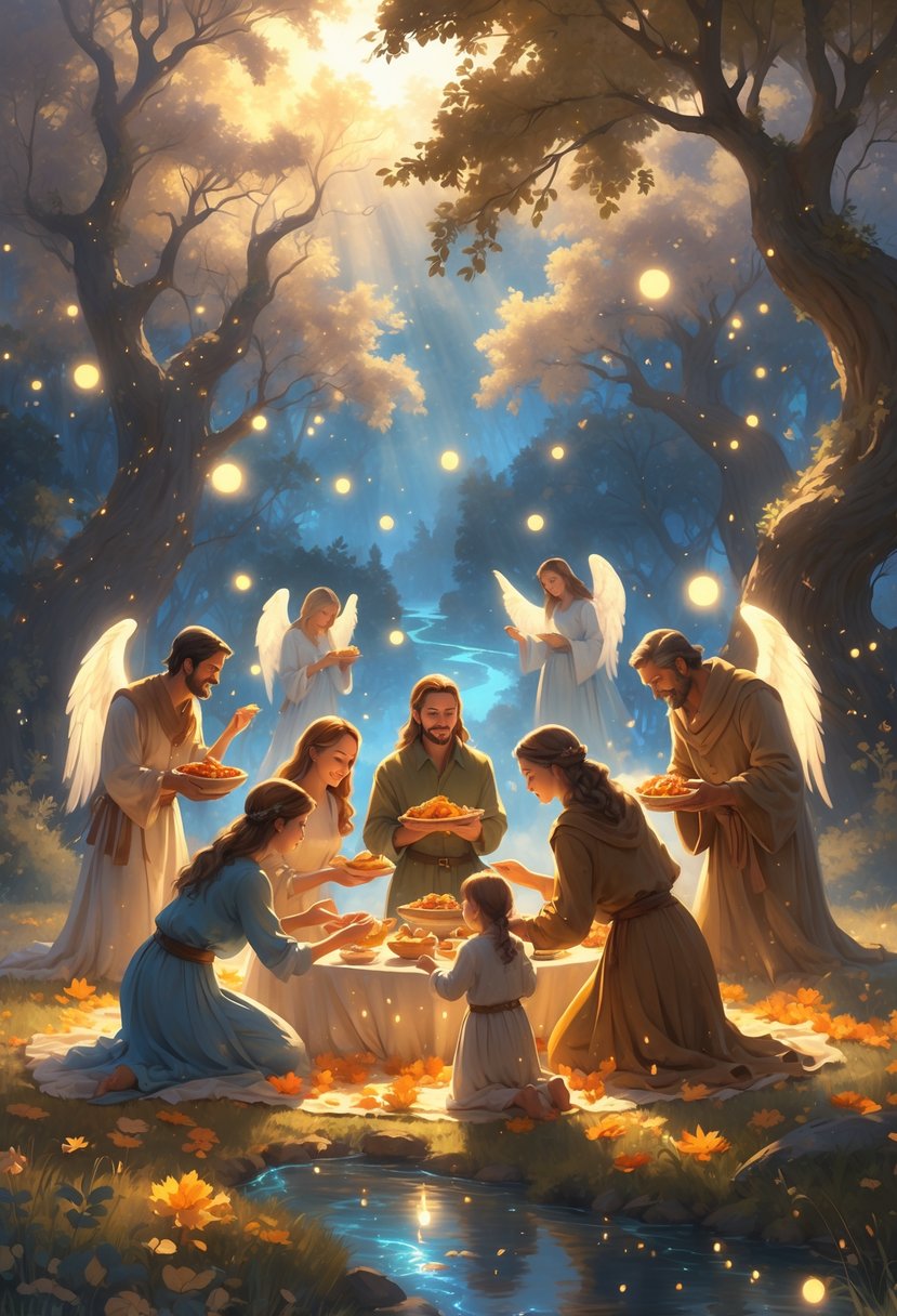 A family gathered in a glowing forest clearing, sharing food and kindness under a starry sky with angelic figures nearby.