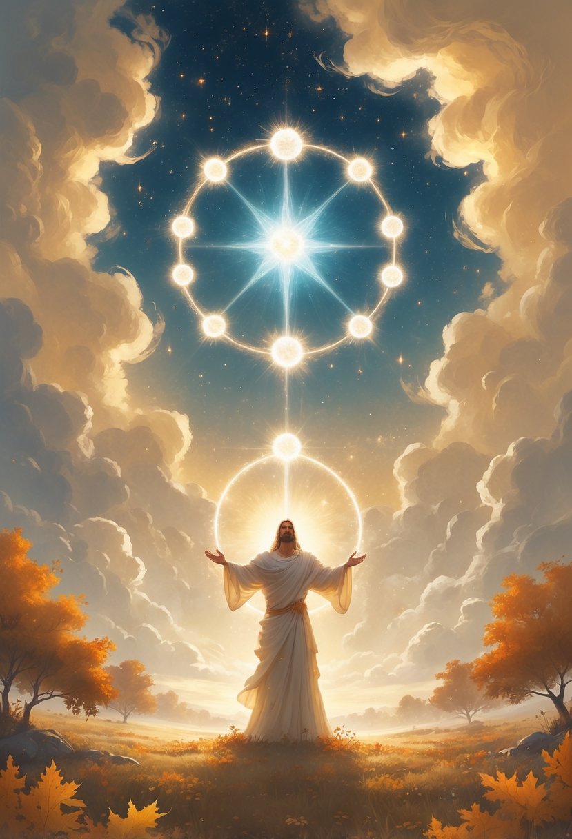 A glowing divine figure stands with open arms surrounded by eight floating lights in a magical autumn landscape under a starry sky.