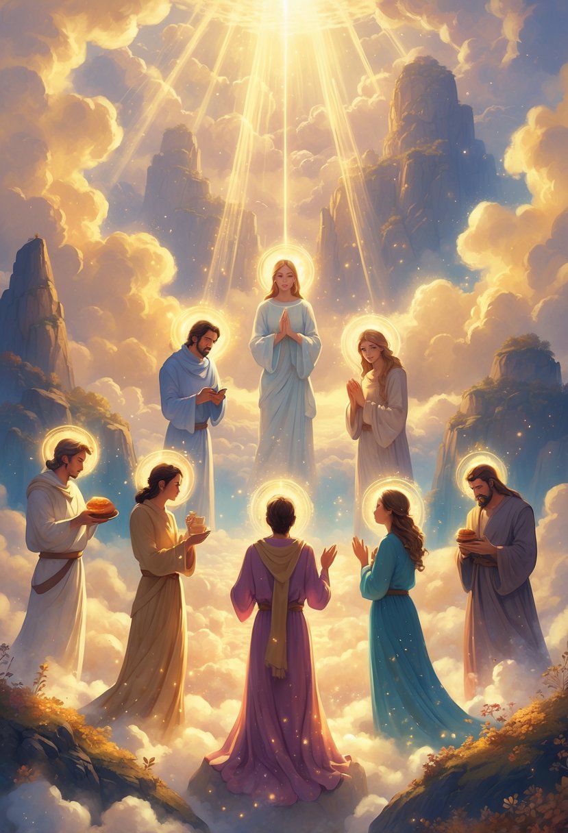 Seven glowing figures performing acts of kindness in a heavenly landscape with floating islands and soft golden light.