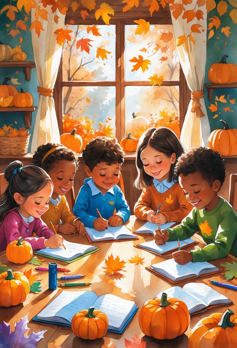 Children sitting around a table writing in journals surrounded by autumn decorations and sunlight coming through a window.