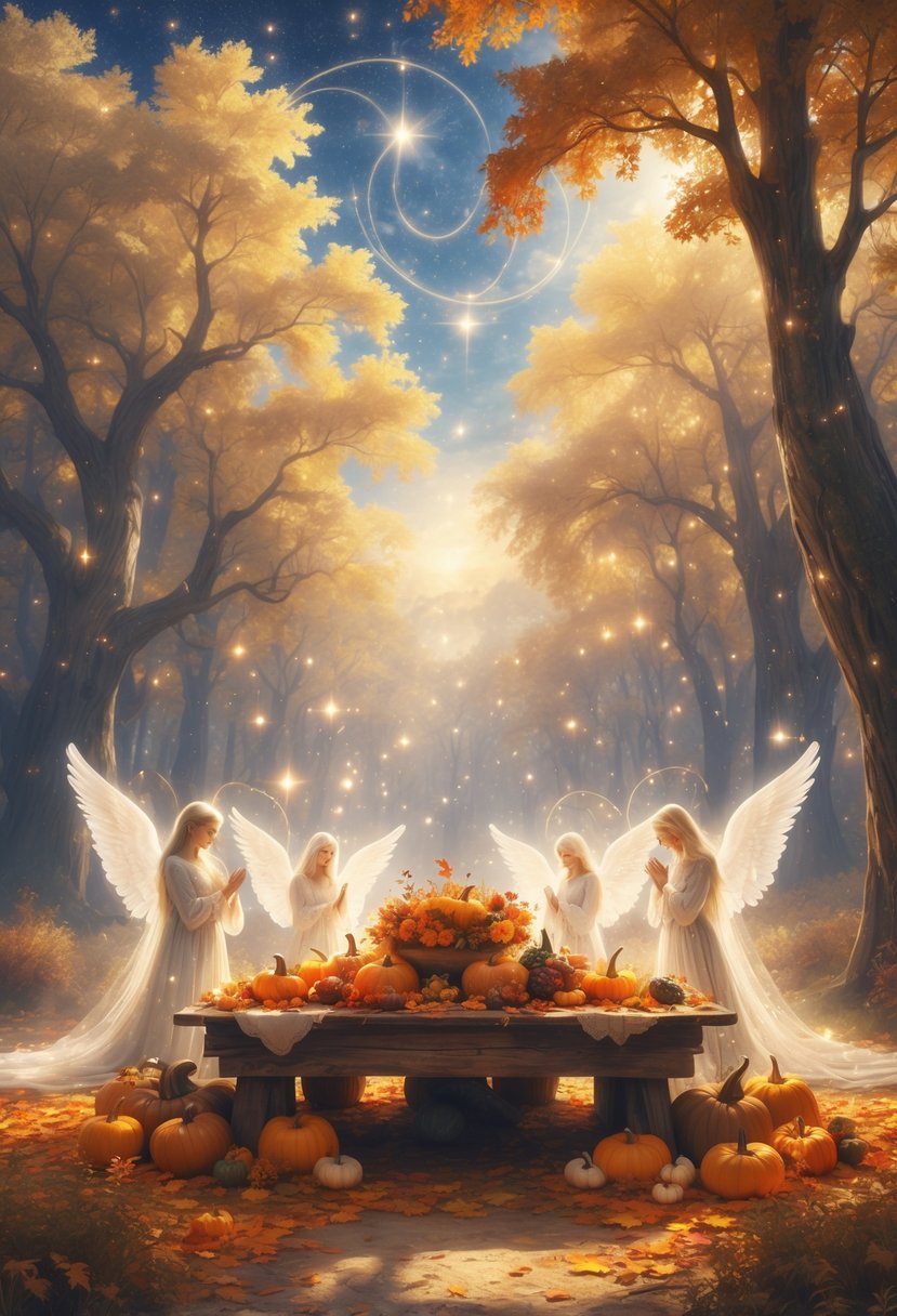 A glowing forest clearing with a wooden table full of autumn harvest surrounded by angelic figures in peaceful prayer under a star-filled sky.