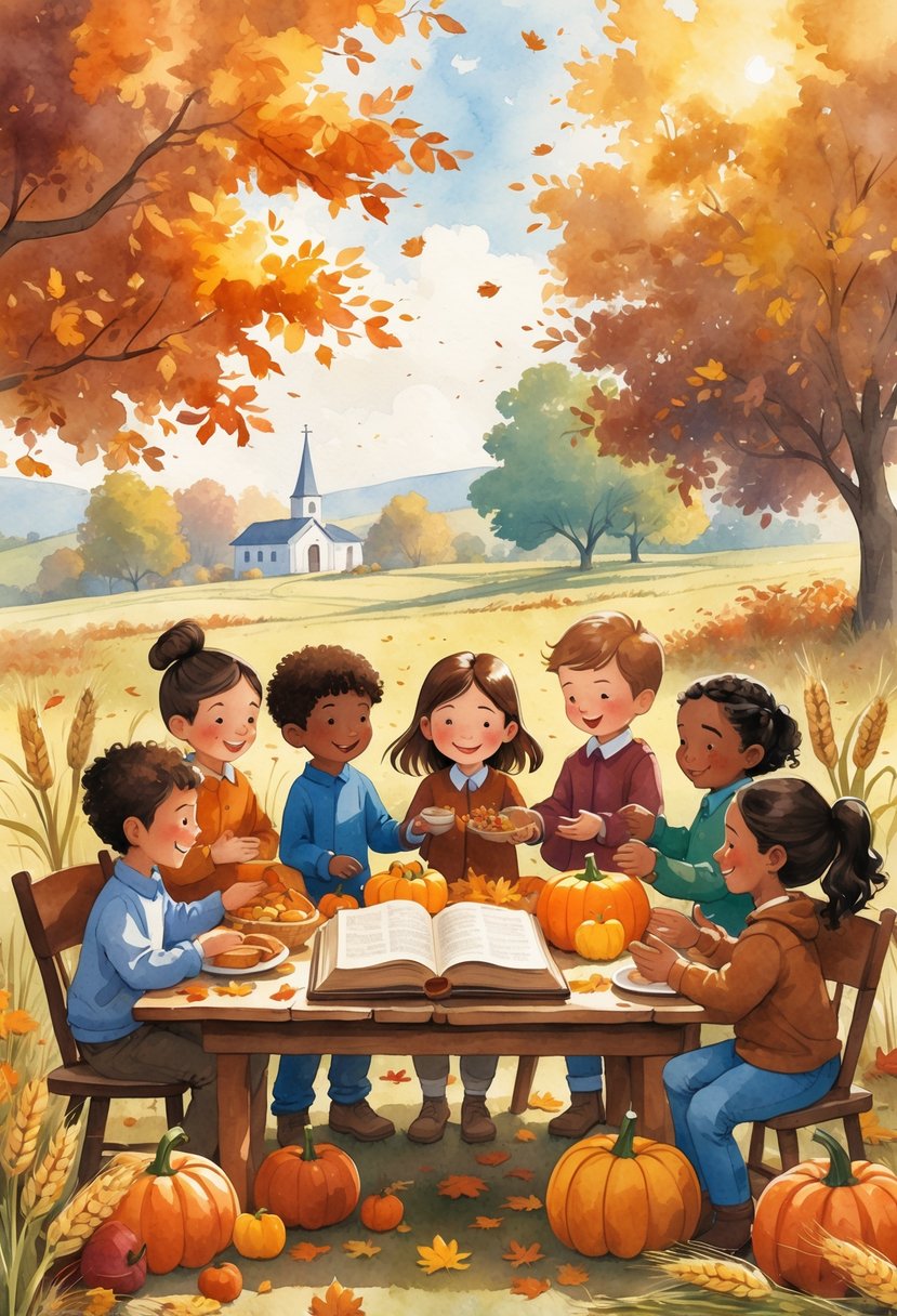 Children gathered outdoors around a table with autumn harvest items, sharing food and reading a Bible, surrounded by fall trees and a distant church.