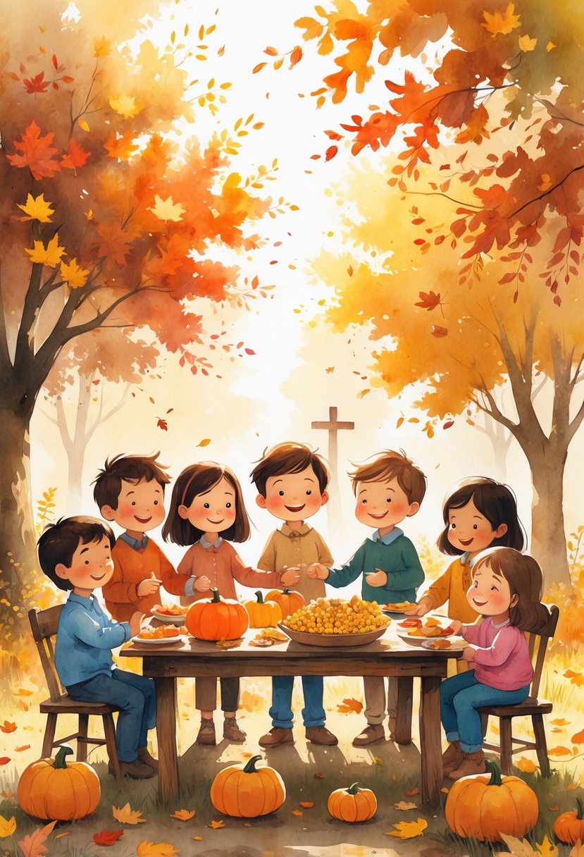 Children gathered around a table outdoors in autumn, sharing a Thanksgiving meal and reading storybooks under colorful fall trees.