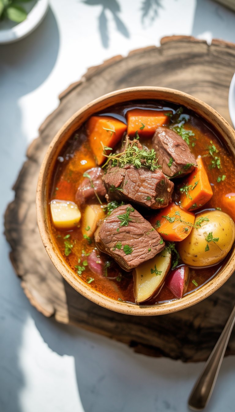A bowl of slow cooker beef stew with chunks of beef, carrots, potatoes, and herbs on a rustic surface.