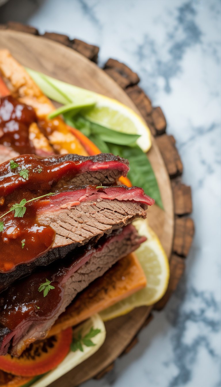 A plate of slow cooker barbecue brisket with fresh herbs and sliced vegetables on a rustic wood surface.