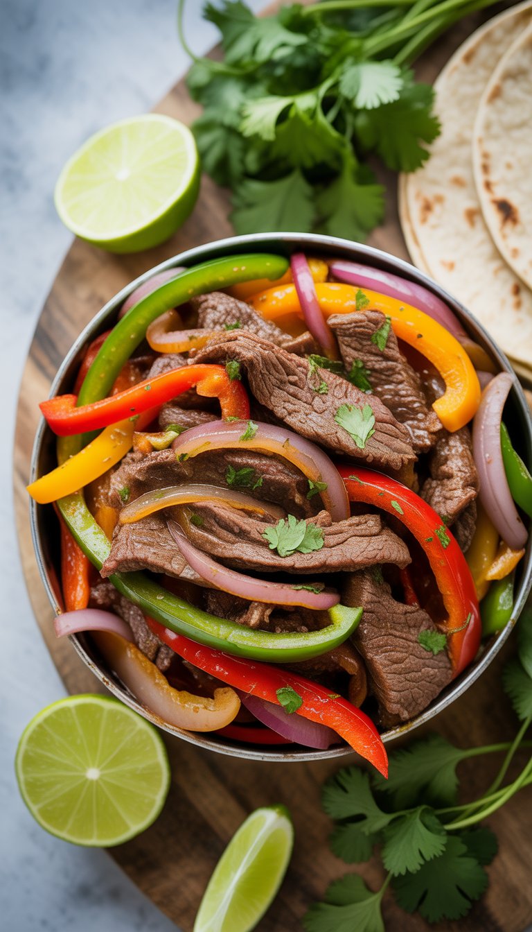 A skillet of beef fajitas with colorful bell peppers and onions, accompanied by lime wedges, cilantro, and tortillas on a rustic surface.