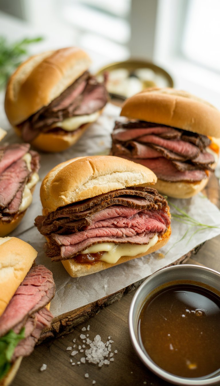 A close-up of slow cooker French dip sandwiches with roast beef, melted cheese, toasted rolls, and a bowl of au jus sauce on a rustic wooden surface.