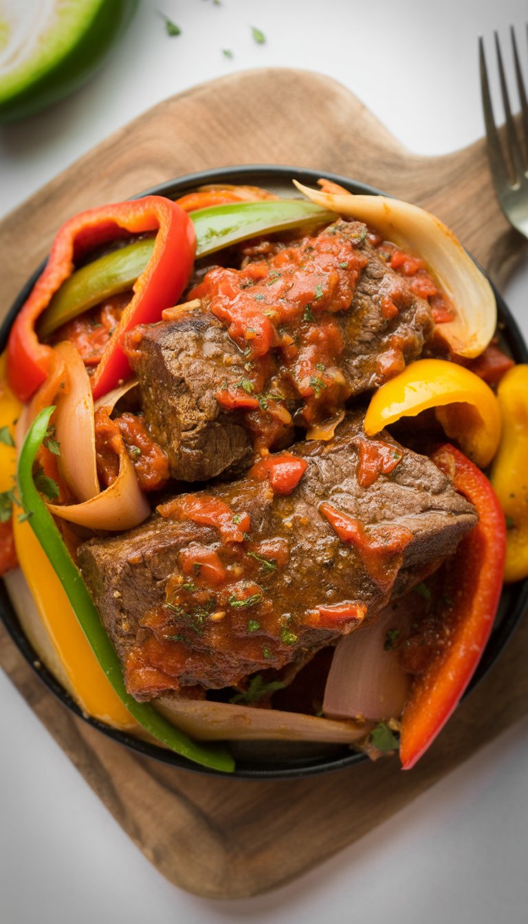 A plate of slow cooked pepper steak with beef, bell peppers, and onions on a rustic surface.