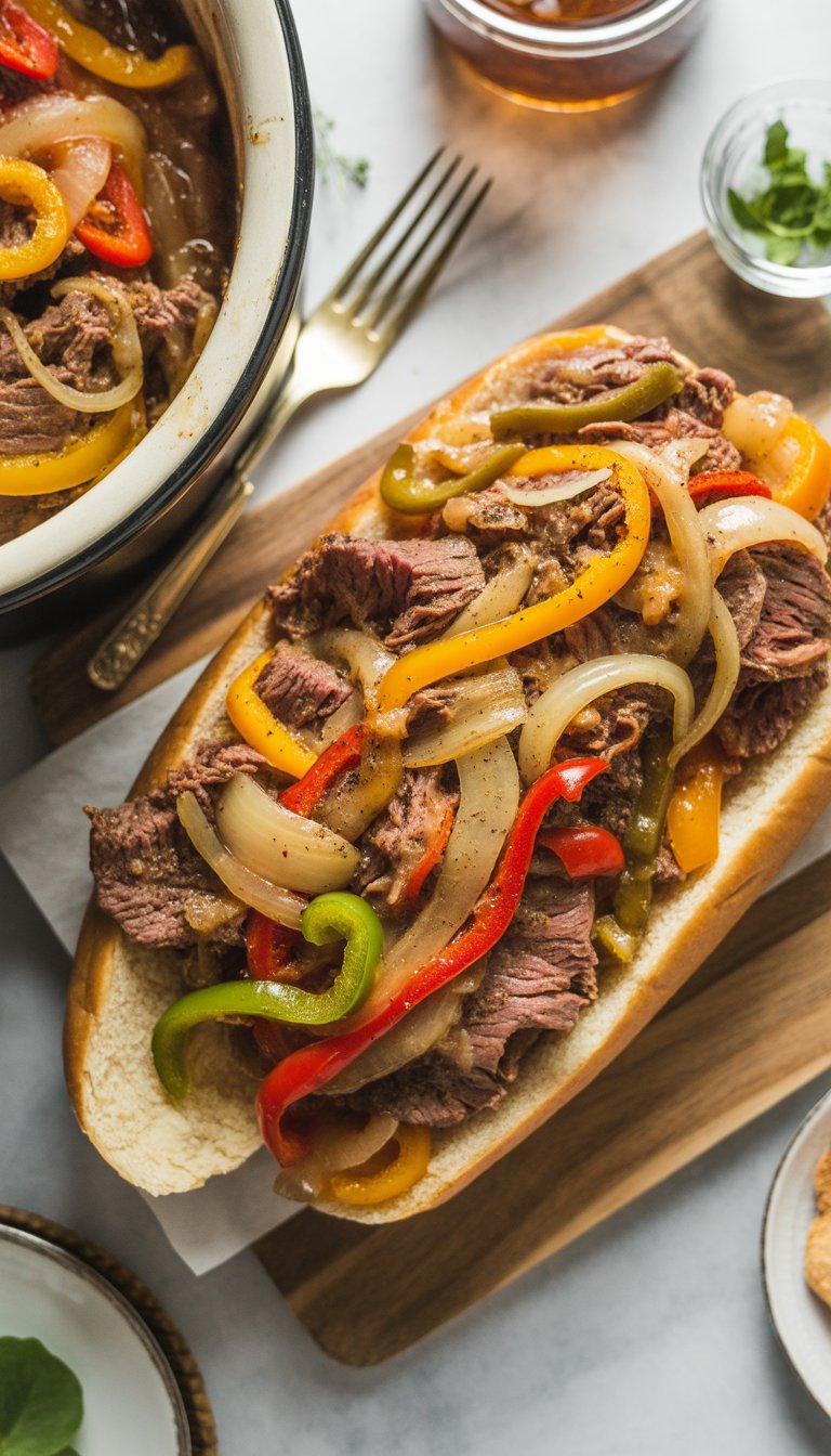 A bowl of Slow Cooker Philly Cheesesteak with beef, melted cheese, onions, and bell peppers on a rustic surface.