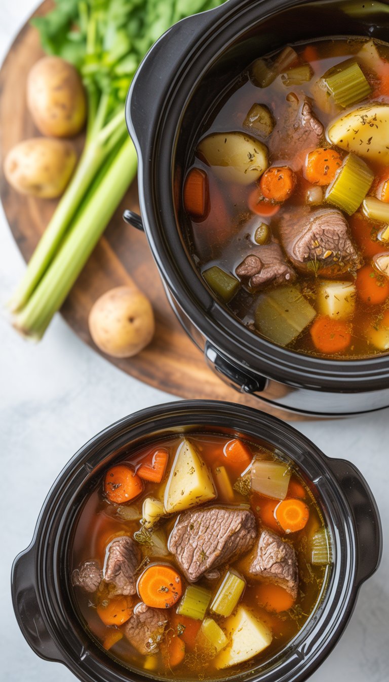 A bowl of beef and vegetable soup with chunks of beef, carrots, celery, and potatoes on a rustic wooden surface.