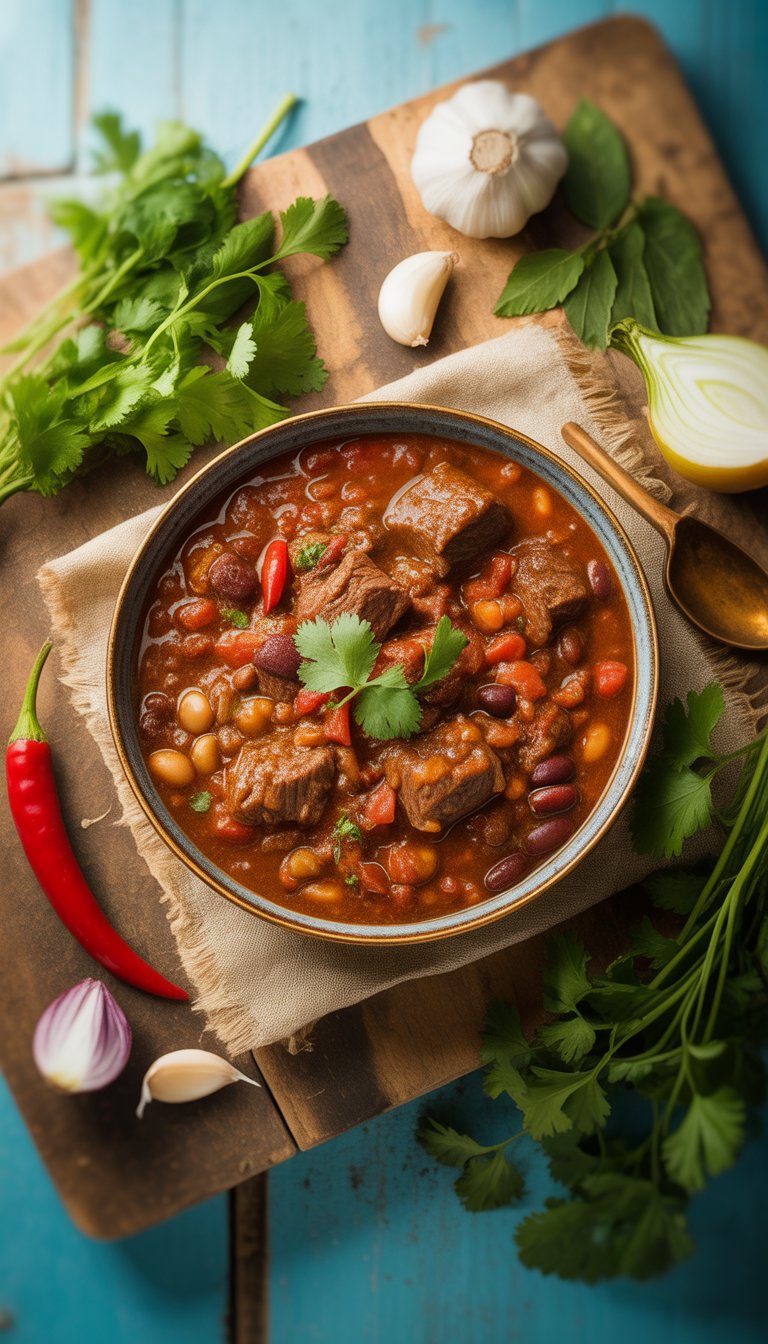 A bowl of slow cooker beef chili with beans and fresh herbs on a rustic surface, surrounded by fresh ingredients.