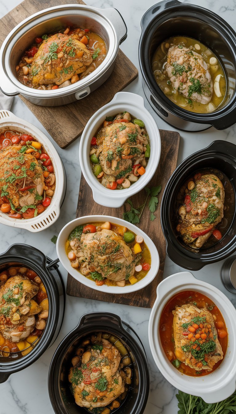 Nine different crockpot chicken dishes with fresh vegetables and herbs arranged on rustic wood and marble surfaces.