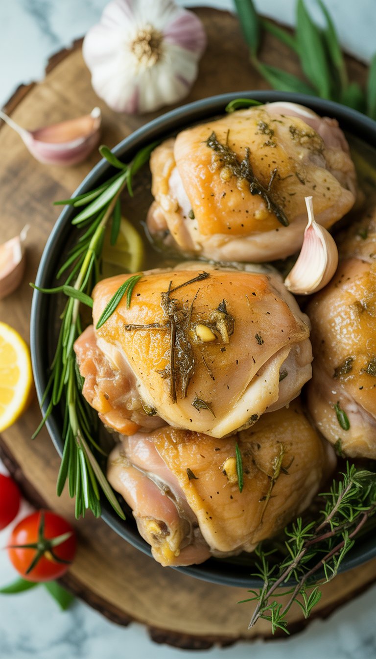 A plate of cooked chicken thighs with garlic and herbs on a rustic surface, surrounded by fresh herbs and vegetables.