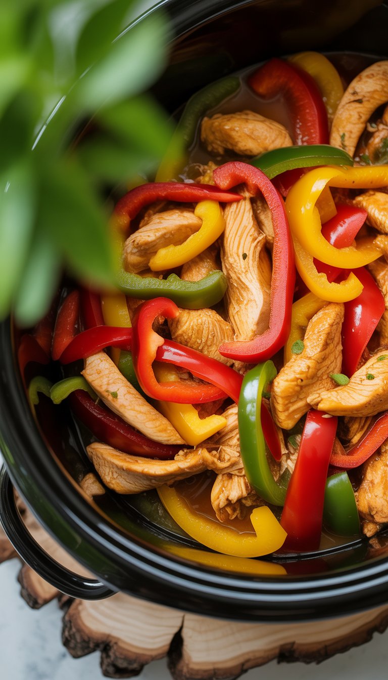 A bowl of crockpot chicken fajitas with colorful bell peppers on a rustic surface, with steam rising from the dish.